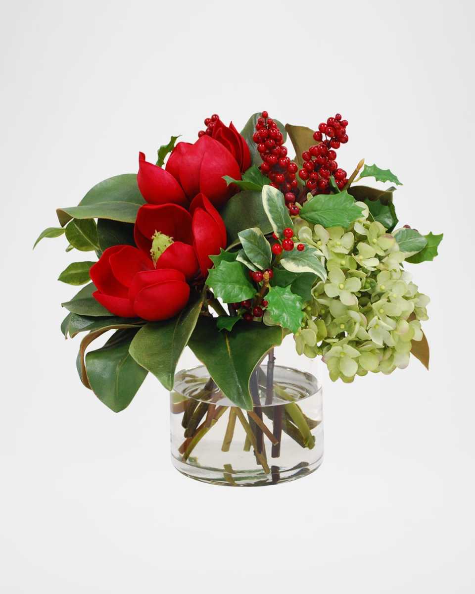 Hydrangea & Magnolia 17" Faux Floral Arrangement in Cylinder Vase